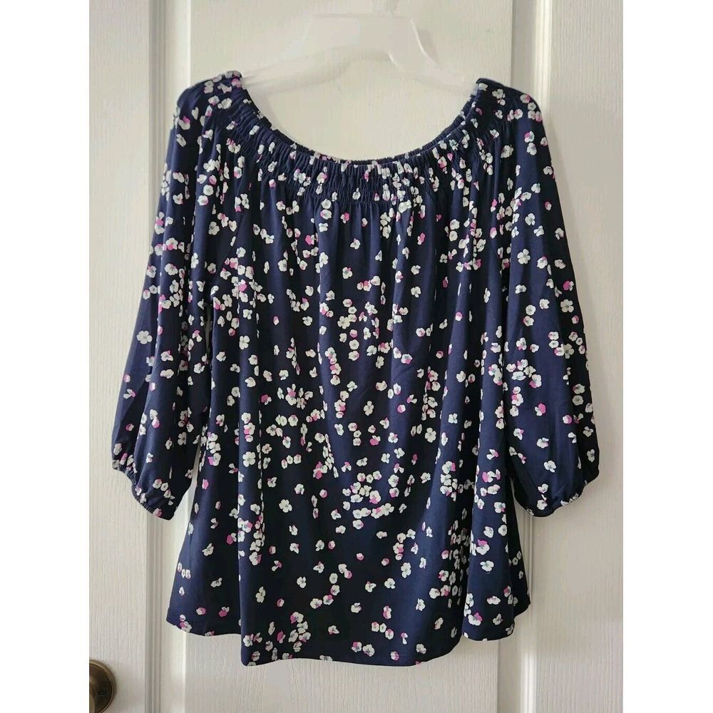 J. Jill Wearever Collection Women's Blouse Navy Floral‎ 3/4 Sleeve Top Size M - Picture 2 of 10